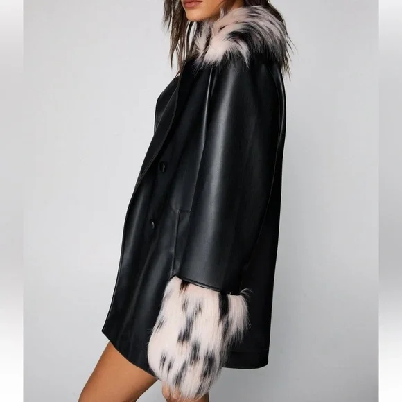 Fur Trim Faux Leather Swing Coat